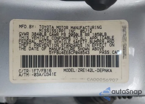 2012 Toyota Corolla Le из США, поврежденный, VIN 5YFBU4EE8CP048543